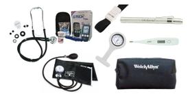 Kit Para Enfermagem Completo Esfigmo, Esteto Rappaport Duplo Com Termometro Digital Axilar E Garrote