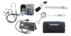 Kit Para Enfermagem Completo Esfigmo, Esteto Rappaport Duplo Com Termometro Digital Axilar E Garrote