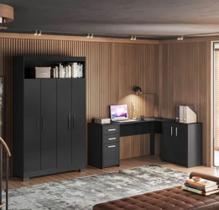 Kit para Escritório com 1 Mesa de Canto e Armário Multiuso 4 Portas com Nicho