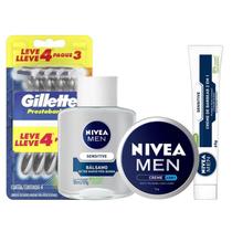 Kit Para Fazer Barba Nivea Men Balsamo Pós-Barba Cremes 4 em 1 e Sensitive Rosto Mãos Corpo com Aparelhos de Barbear