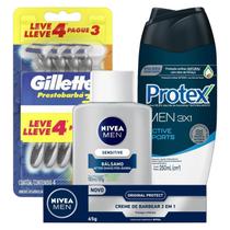 Kit Para Fazer Barba Sabonete Protex Aparelhos de Barbear Balsamo Pós-Barba e Creme Protect Nivea Men para Rosto e Mãos - Nivea Men + Gillette + Protex