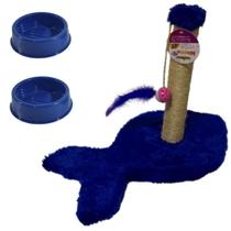 Kit Para Gatos - 1 Arranhador Torre E 2 Comedouros - Azul