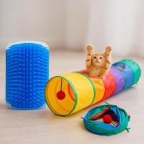 Kit para Gatos com Túnel Colorido Multi Entrada e Coça Gato com Catnip Brinquedo Interativo Dobrável Estimula