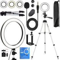 Kit Para Gravação de Vídeo Profissional Tripé Para Câmera Celular + Iluminador Ring Light Led + Microfone de Lapela
