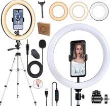 Kit Para Gravação de Vídeo Profissional Tripé Telescópico Microfone de Lapela Celular Youtuber + Iluminador Ring Light