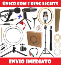 Kit Para Gravar Vídeo Celular 2 Ring Light Iluminador 16cm + 26cm Tripé Profissional Microfone de Mesa + Lapela Youtuber