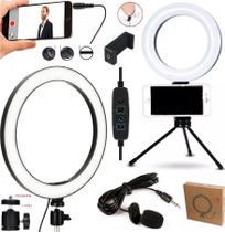 Kit Para Gravar Vídeo no Celular Ring Light Iluminador Branco Quente Frio Tripé Microfone de Lapela + Suporte Universal