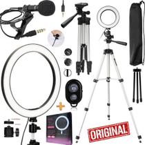 Kit Para Gravar Vídeo Profissional Pedestal Microfone Para Celular + Iluminador Ring Light Led Com Controle Foto Selfie