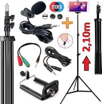 Kit Para Gravar Vídeos no Celular Tripé Suporte Smartphone + Microfone de Lapela Omnidirecional Vlog Youtuber Aula Fotos