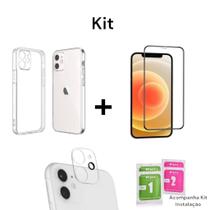 Kit para Iphone 11 12 13 14 15 16 Capa Anti Impactos + Película 3D De Vidro + Película 3D Câmera