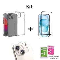 Kit para Iphone 11 12 13 14 15 16 Capa Anti Impactos + Película 3D De Vidro + Película 3D Câmera
