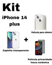 Kit para iPhone 14 Plus Capa Transparente + Película Fosca Privacidade + Película De Câmera - MBOX