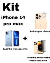 Kit para iPhone 14 Pro Max Capa Transparente + Película Fosca Privacidade + Película De Câmera