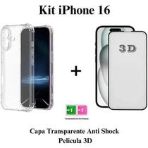Kit para Iphone 16 Capa Anti Shock Transparente + Película 3D de Vidro para Iphone 16