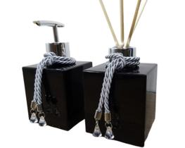 Kit Para Lavabo Aromatizador Porta Sabonete Líquido Dispenser Saboneteira Jogo Banheiro -Organizadores Decoração Casa-Preto e Prata