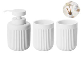 Kit Para Lavabo Banheiro Dispenser De Sabonete E 2 Copos Porta Escovas Em Cimento Multiuso Branco