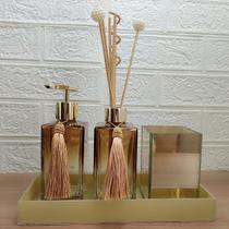 Kit Para Lavabo e Banheiro Difusor Porta Sabonete Líquido Porta Escova e Pincel Bandeja Decorativa-Dourado