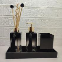 Kit Para Lavabo e Banheiro Difusor Porta Sabonete Líquido Porta Escova e Pincel Bandeja Decorativa- Preto e Dourado