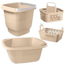 Kit para Lavanderia Balde Bacia Cesto de Prendedor e Organizador Produtos Limpeza eficiente e Facil Alça transparente Reforçado