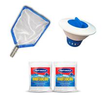 Kit para Limpeza da Piscina Clorador Flutuante com 02 pastilhaS de cloro multiação HIDROAZUL e Peneira Cata Folhas