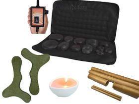 Kit para Massagem e Modelamento Corporal Pedras Quentes Pantalas Bambus e Vela com óleo - 110 VOLTS PRETA