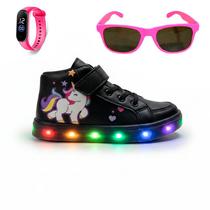 Kit para Meninas com Tênis Infantil Cano Médio com Led Colorido Unicórnio + Relógio Digital + Óculos Escuros Kit para Meninas com Tênis Infantil Cano Médio com Led Colorido Unicórnio + Relógio Digital + Óculos Escuros