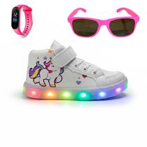 Kit para Meninas com Tênis Infantil Cano Médio com Led Colorido Unicórnio + Relógio Digital + Óculos Escuros Kit para Meninas com Tênis Infantil Cano Médio com Led Colorido Unicórnio + Relógio Digital + Óculos Escuros