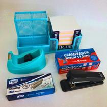 Kit para mesa de escritório azul:porta lápis,grampeador,grampo,suporte para fita,bloco de anotação