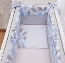 Kit para mini Berço de Bebê Menino Chuva de benção azul bebe e cinza 5pç Colchao de 45cm a 38cm larg