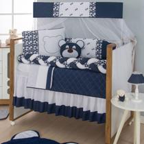 Kit Para Mini berço Trança Urso Dengoso Marinho 10 Pçs +saia