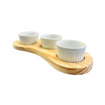 Kit Para Molhos Trio de Ramequim de Porcelana Bandeja Madeira Pínus