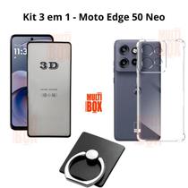 Kit para Moto Edge 50 Neo Capa Anti Shock + Película 3D de Vidro + Suporte de Anel