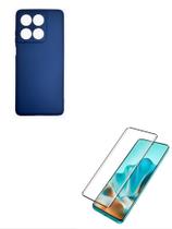 Kit para Moto Edge 60 Capa Silicone Aveludada Azul Marinho + Película Curvada 3D