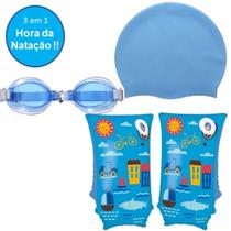 Kit Para Natação Boia Estampa Barquinhos Óculos e Touca Azul