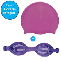 Kit Para Natação Touca Rosa e Óculos de Natação Roxo Mor