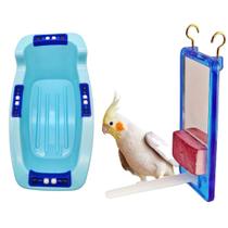 Kit Para Pássaros Calopsitas Periquitos Ring Necks Com Banheira Com Missanga Rosa E Brinquedo Bica Bica Com Espelho Poleiro Pedra Calcio