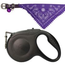 Kit Para Passeio Pet Com Guia Retrátil Preta + Coleira Bandana Roxa Pequena