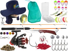 Kit Para Pescaria 1 Vara Para Molinete 1,20m + 1 Molinetes + Chapeu e Acessórios (Ref. 64)