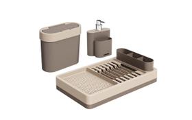 Kit Para Pia Coza Escorredor, Dispenser E Lixeira 3 Peças Warm Gray E Light Gray