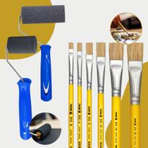 Kit para Pintura Tigre com 6 Pincéis Chato + 2 Rolos de Espuma 5cm e 9cm para Madeira MDF Telas Tecido