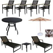 Kit Para Piscina 4 Cadeiras Amélia + Mesa, 2 Espreguiçadeiras com Mesinha e Guarda Sol 3,00m