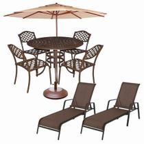 Kit para Piscina e Jardim com Mesa 4 Cadeiras com Ombrelone e 2 Espreguiçadeiras Alumínio e Tela Sling