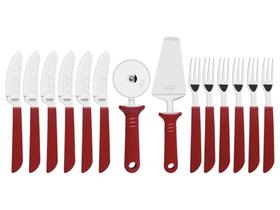 Kit para pizza 14 peças pizza vermelho- laminas de aco inox e cabos de polipropileno tramontina