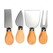 Kit Para Queijo 4un Facas Garfo Espátula Inox E Madeira