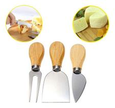 Kit Para Queijo Petisco Três Peças De Aço Inox E Madeira