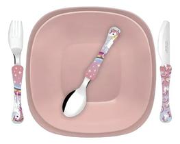 Kit Para Refeição Infantil Simonaggio Unicórnio 5 Peças Kids Rosa Prato Cumbuca Garfo Faca Colher