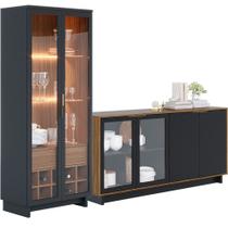 Kit Para Sala de Jantar Buffet Áustria C04 com Cristaleira Malibu Preto Noce Milano - Lyam Decor