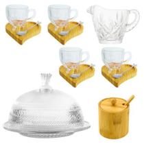 Kit Para Servir Café Chá 15 Peças Cristal Vidro Bambu Aço Inox