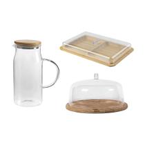 Kit para Servir com 01 Jarra de Vidro 1,15 L + 01 Porta Frios + 01 Boleira em Bambu Ou Kit para Servir com 01 Jarra de Vidro 1,15 L + 01 Porta Frios + 01 Boleira em Bambu Ou