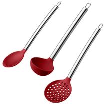 Kit para Servir de Silicone com Cabo de Inox Colher Concha Espumadeira UD073 Vermelho - UP Home